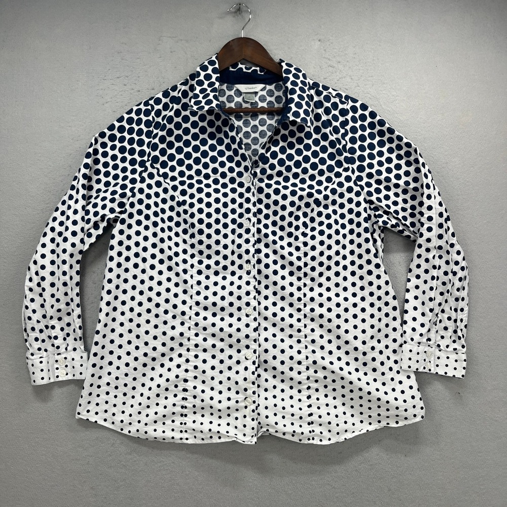 CJ Banks Button Up Shirt Womens 2X White Blue Polka Dot Long Sleeve Classic